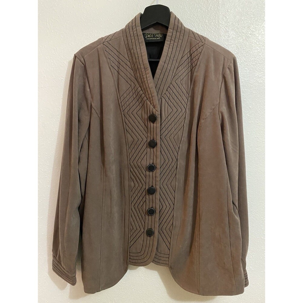 Bob Mackie Beige Embroidered Faux Suede Jacket XL Button Ultrasuede Art to Wear